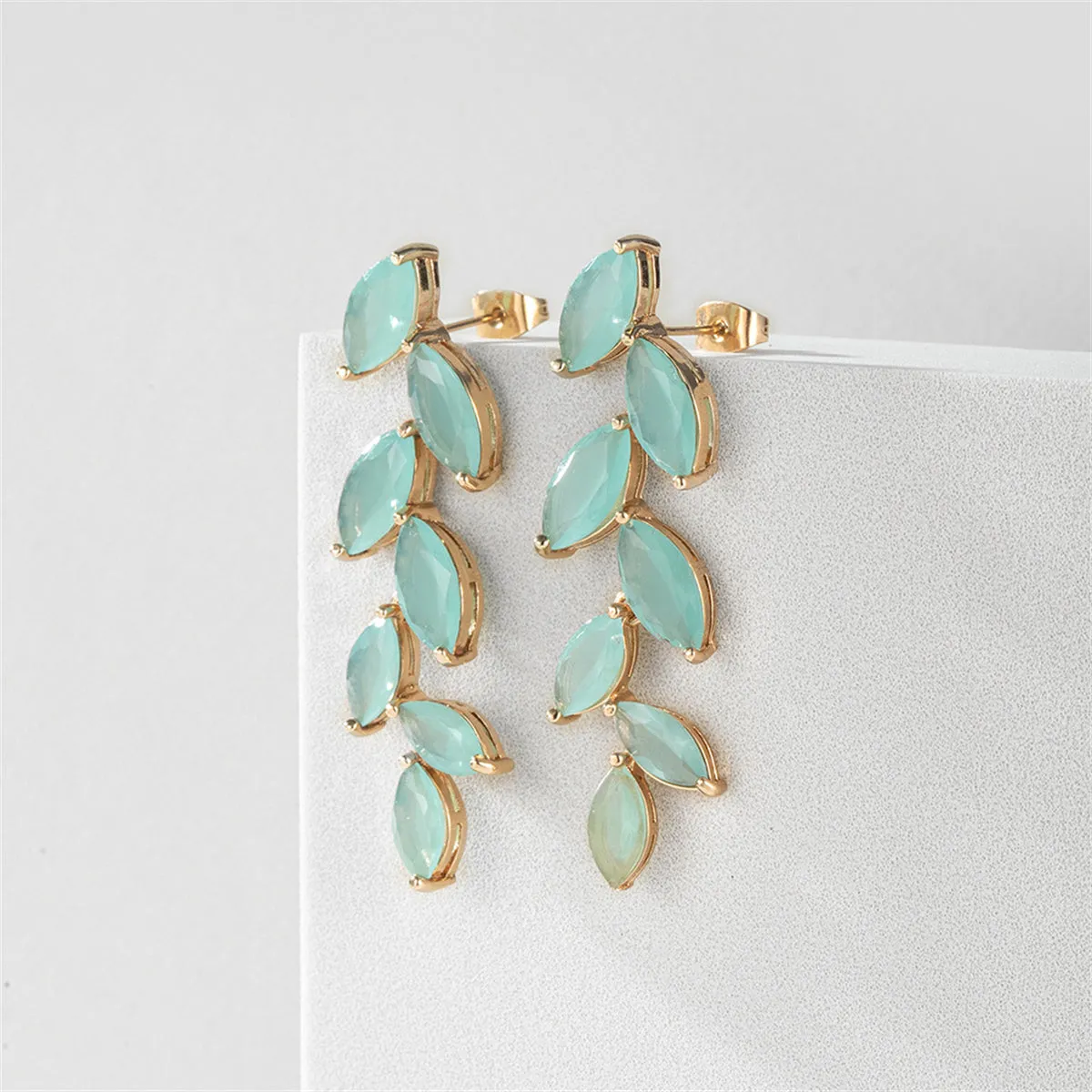 Green Crystal & 18K Gold-Plated Leaves Drop Earrings