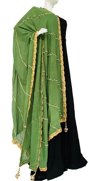 Green Mehndi Color Chinon Dupatta with Laces Handmade Dupatta