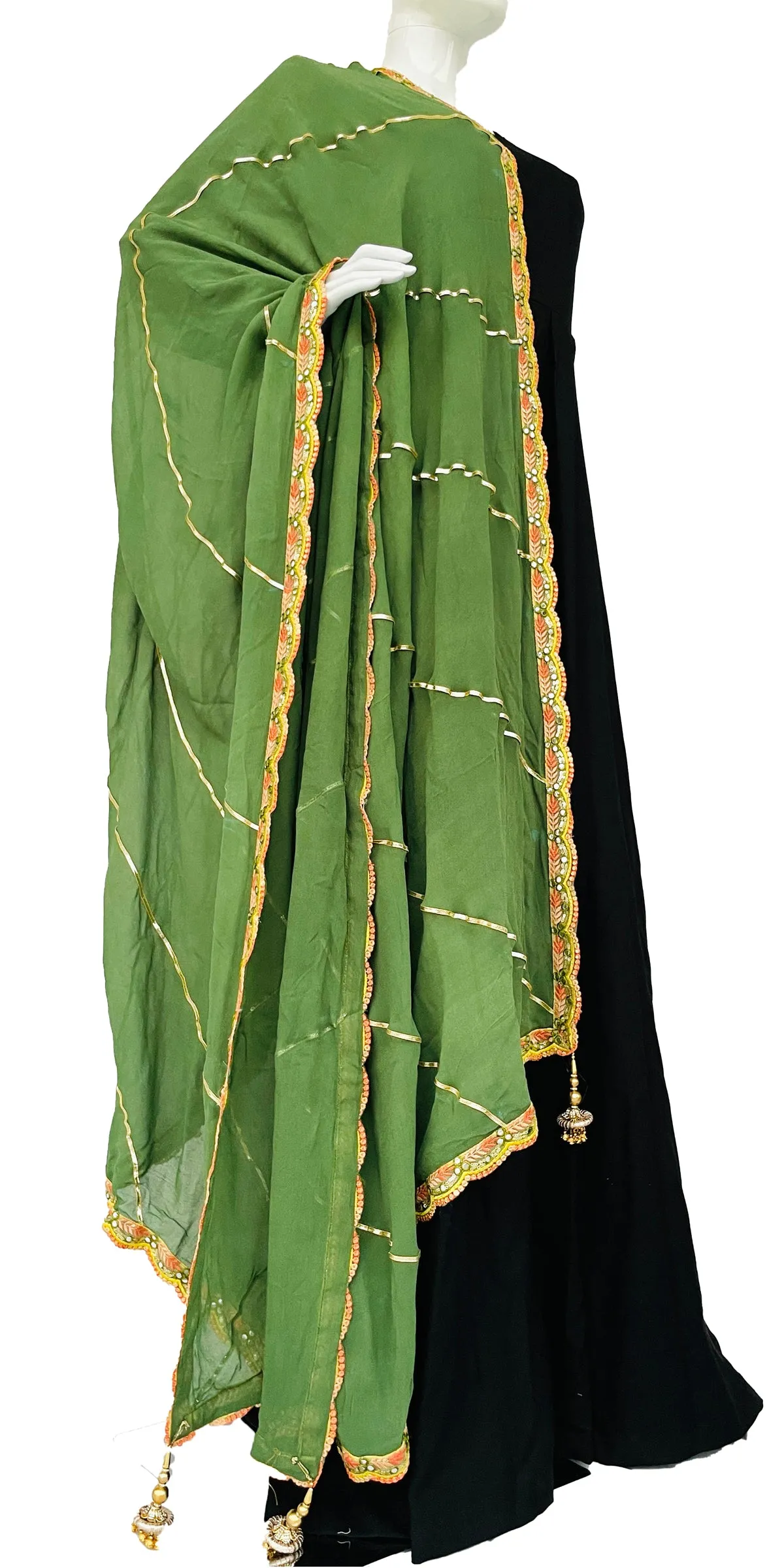 Green Mehndi Color Chinon Dupatta with Laces Handmade Dupatta