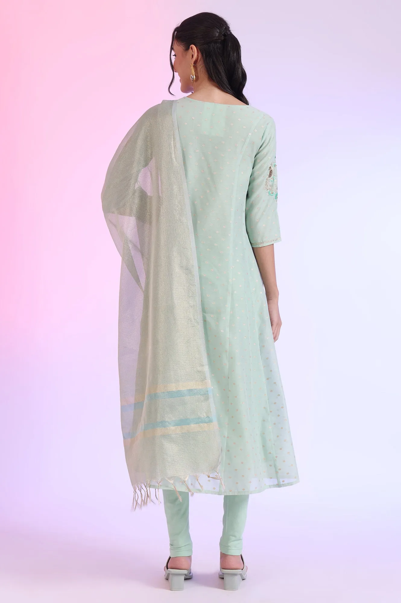 Green Yarn Dyed Anarkali with Leggings & Dupatta Set
