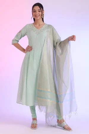Green Yarn Dyed Anarkali with Leggings & Dupatta Set