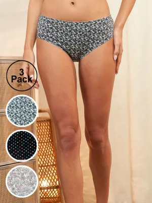 Grey Flower Print, Black Rainbow Dot and Pink Flower Print Hipster Panties Pack of 3 for Women - Zola