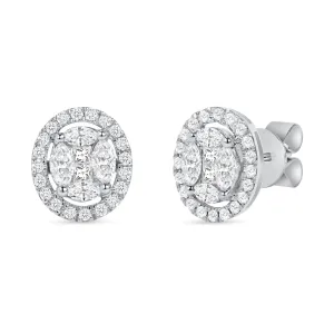 Halo Stud Oval Earrings with Marquise & Round Diamonds in 18k White Gold