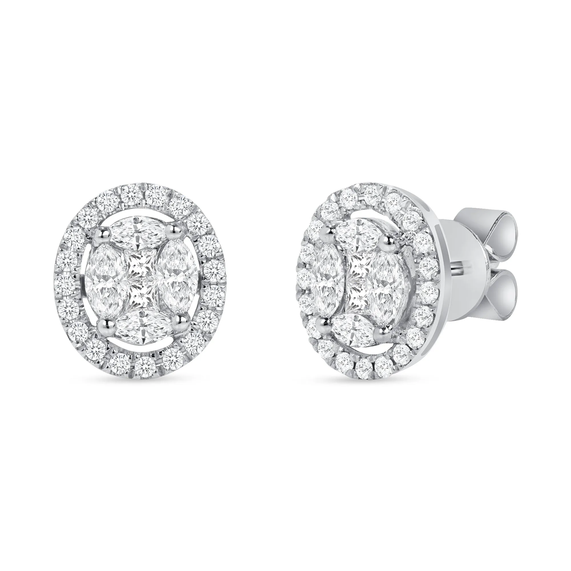Halo Stud Oval Earrings with Marquise & Round Diamonds in 18k White Gold