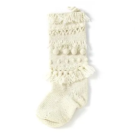 Hand Knit Stocking - Pom Pom in Cream