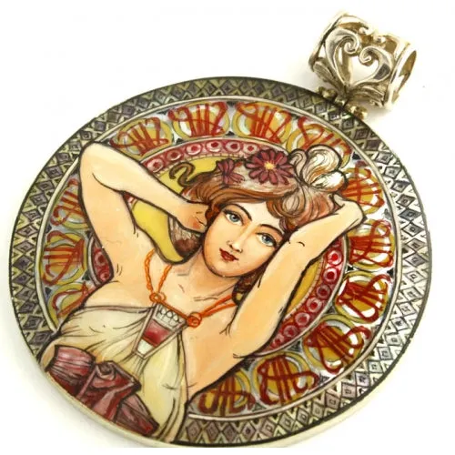 Hand Painted Silver Pendant inspired by "Amethyst", Mucha