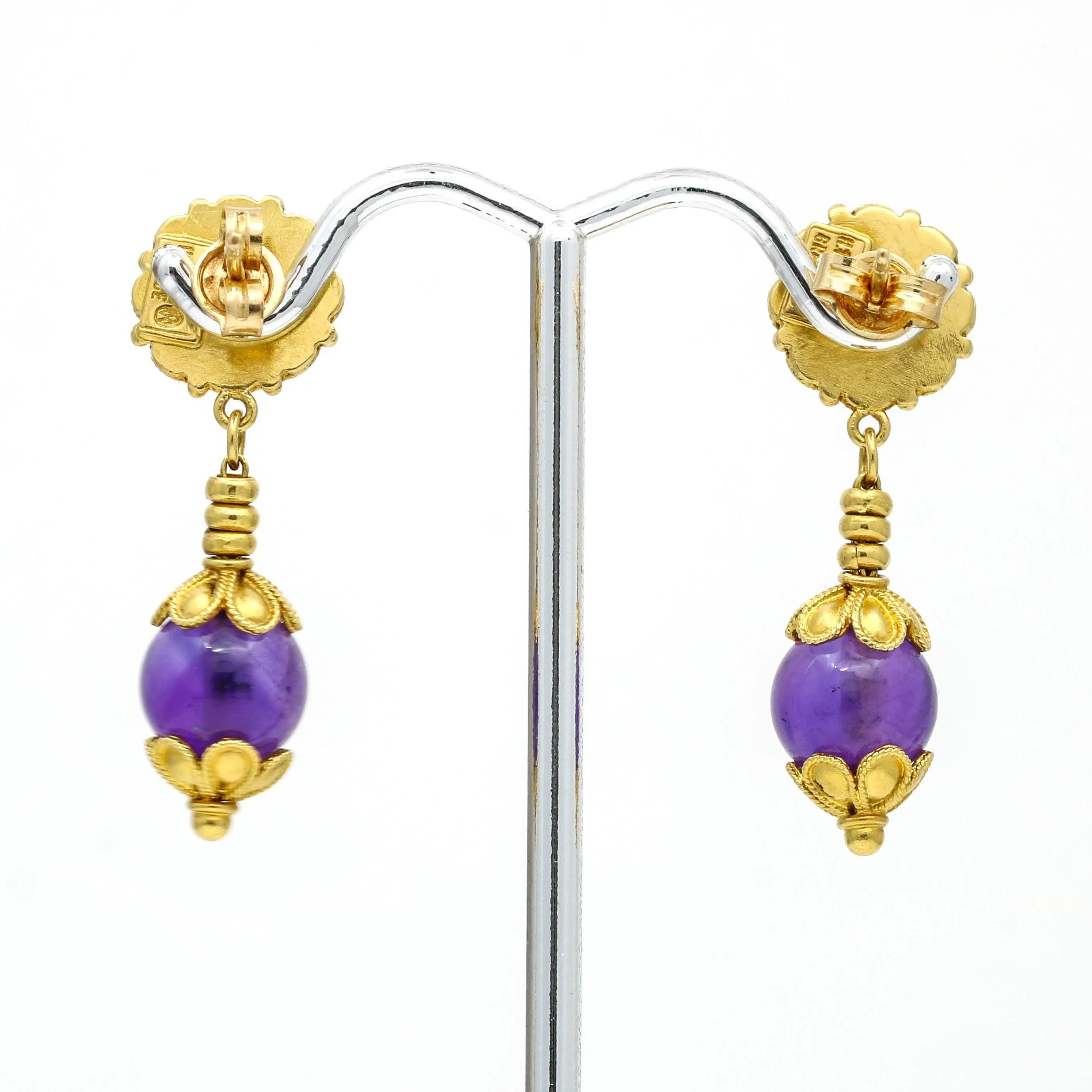 Ilias Lalaounis Drop Dangle Amethyst Earrings 18k Yellow Gold