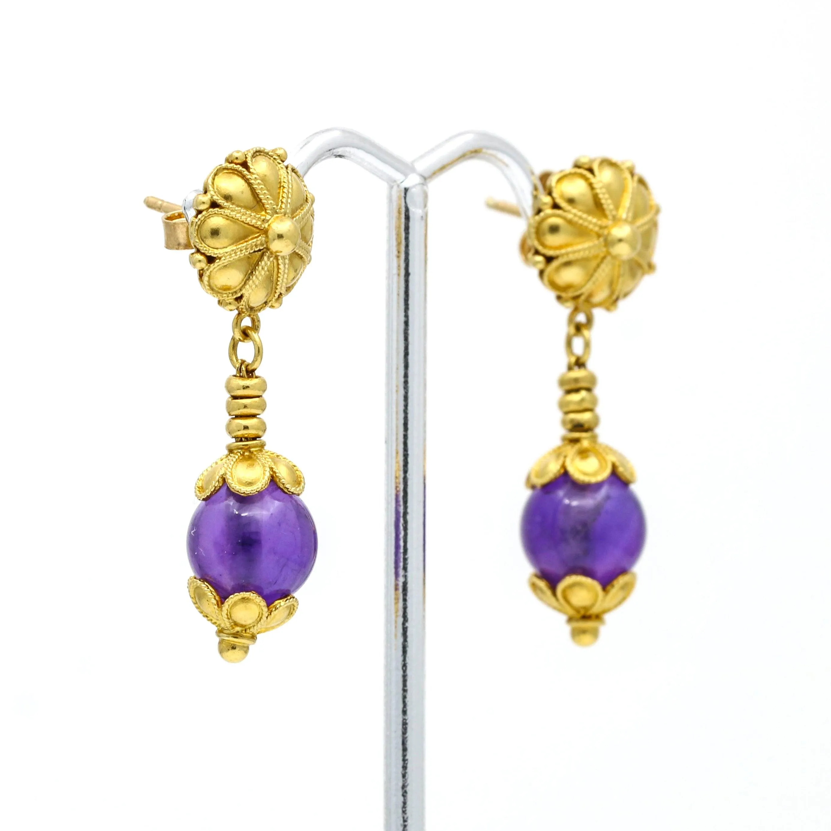 Ilias Lalaounis Drop Dangle Amethyst Earrings 18k Yellow Gold