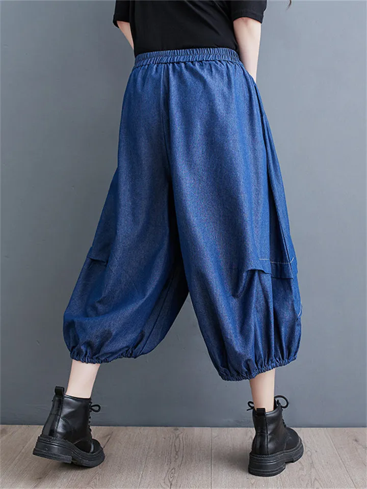 Irregular Pleated Casual Cropped Lantern Jeans for Women