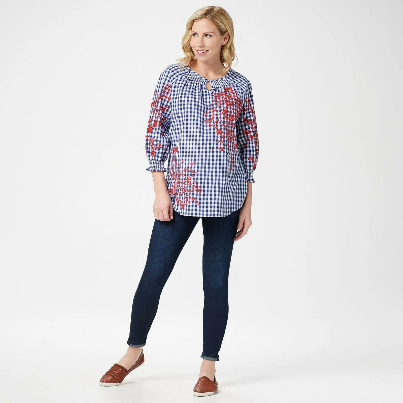 Isaac Mizrahi Live! Women's Gingham Top With Embroidery