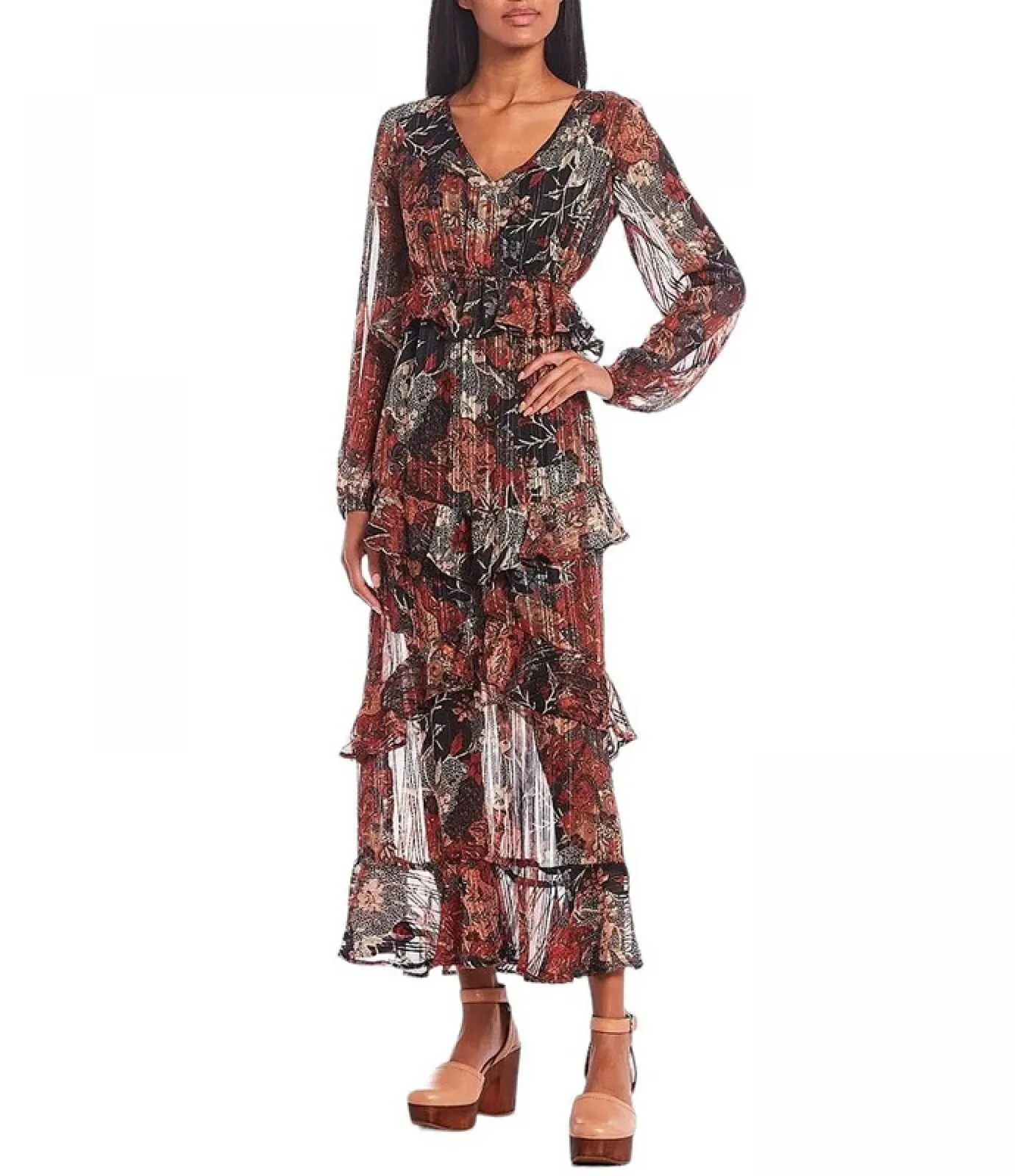 Jessica Simpson Women's Bianca Long Sleeve Waist Cutout Floral Print Maxi Dress
