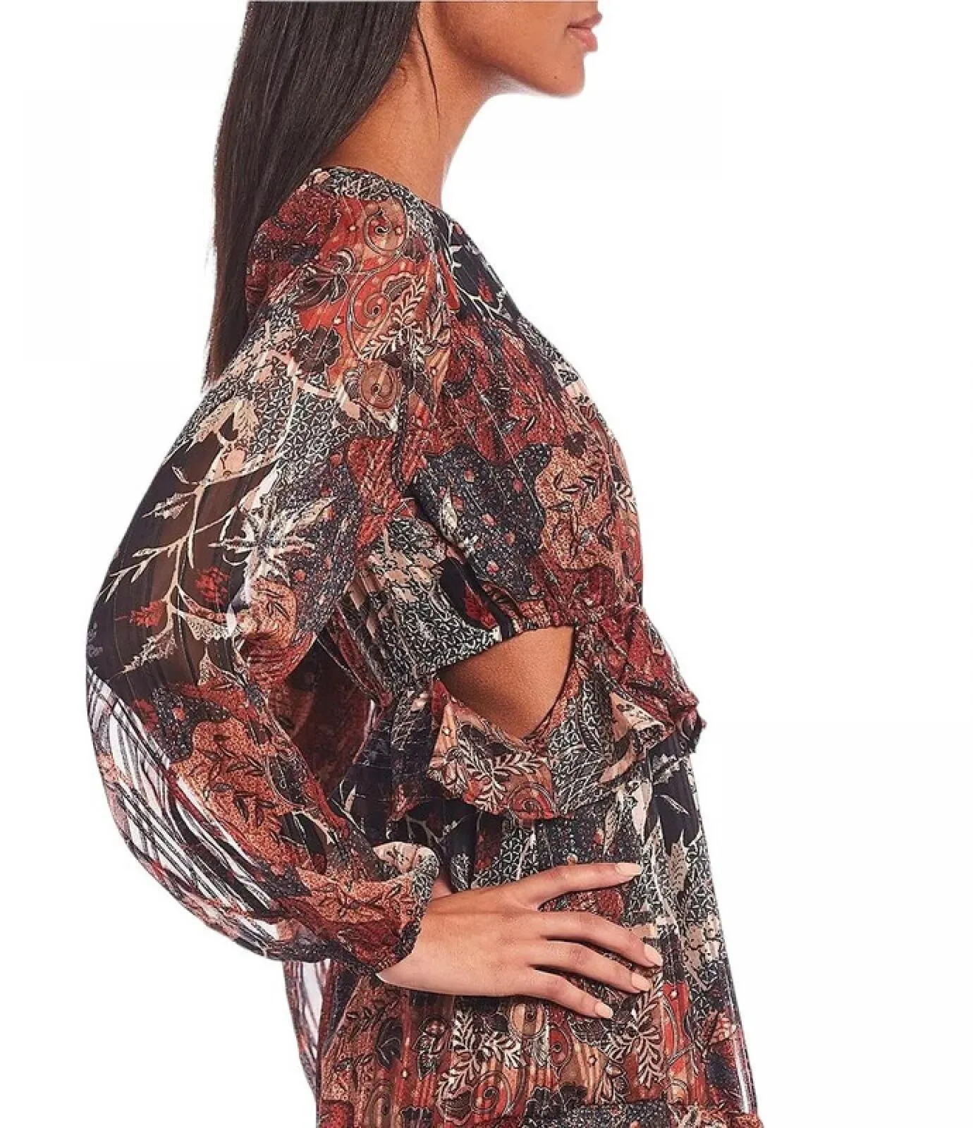 Jessica Simpson Women's Bianca Long Sleeve Waist Cutout Floral Print Maxi Dress