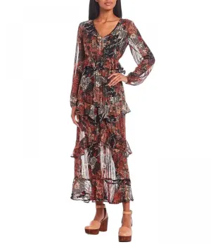 Jessica Simpson Women's Bianca Long Sleeve Waist Cutout Floral Print Maxi Dress