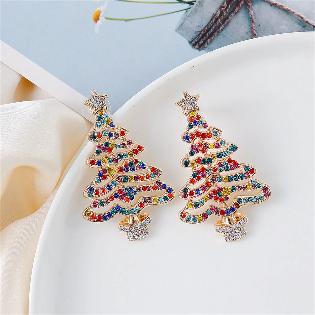 Jewel-Tone Cubic Zirconia & 18K Gold-Plated Christmas Tree Drop Earrings