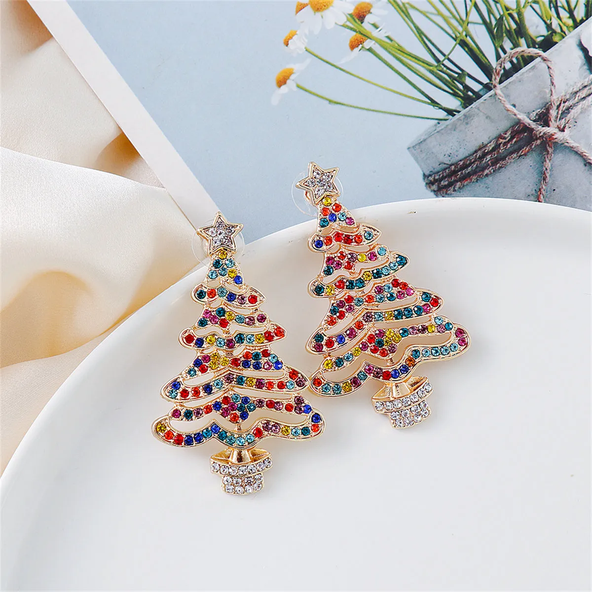 Jewel-Tone Cubic Zirconia & 18K Gold-Plated Christmas Tree Drop Earrings