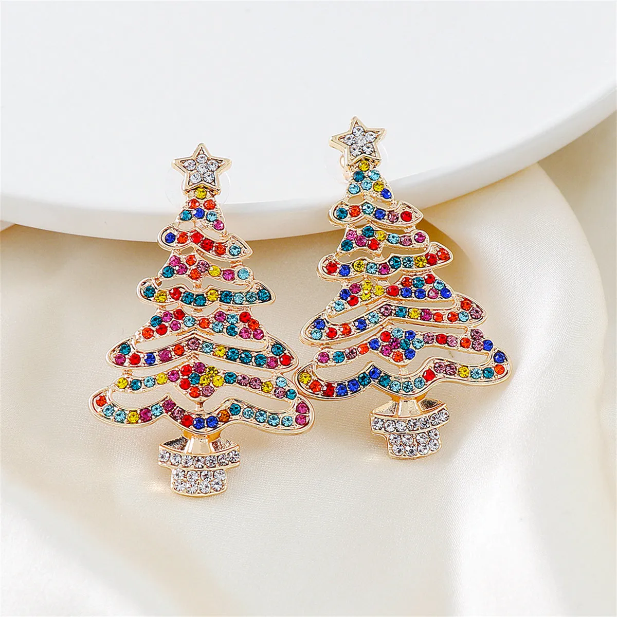Jewel-Tone Cubic Zirconia & 18K Gold-Plated Christmas Tree Drop Earrings