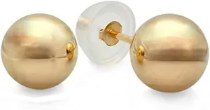 JewelMore 14K Yellow Ball Earrings High Polished 3MM - 8MM 14K with Silicone Protected 14k Gold Pushbacks 100% Real 14K Gold.