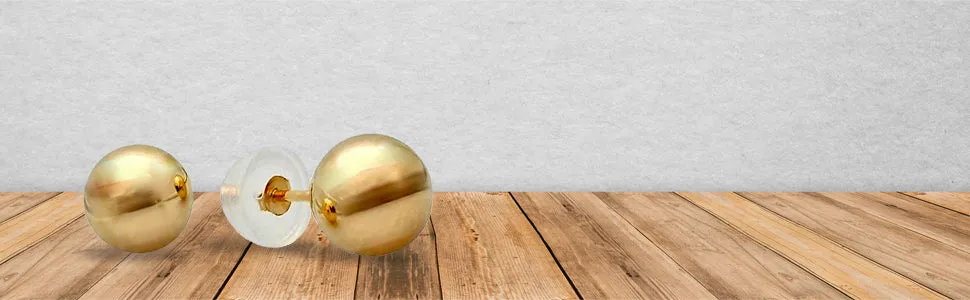 JewelMore 14K Yellow Ball Earrings High Polished 3MM - 8MM 14K with Silicone Protected 14k Gold Pushbacks 100% Real 14K Gold.