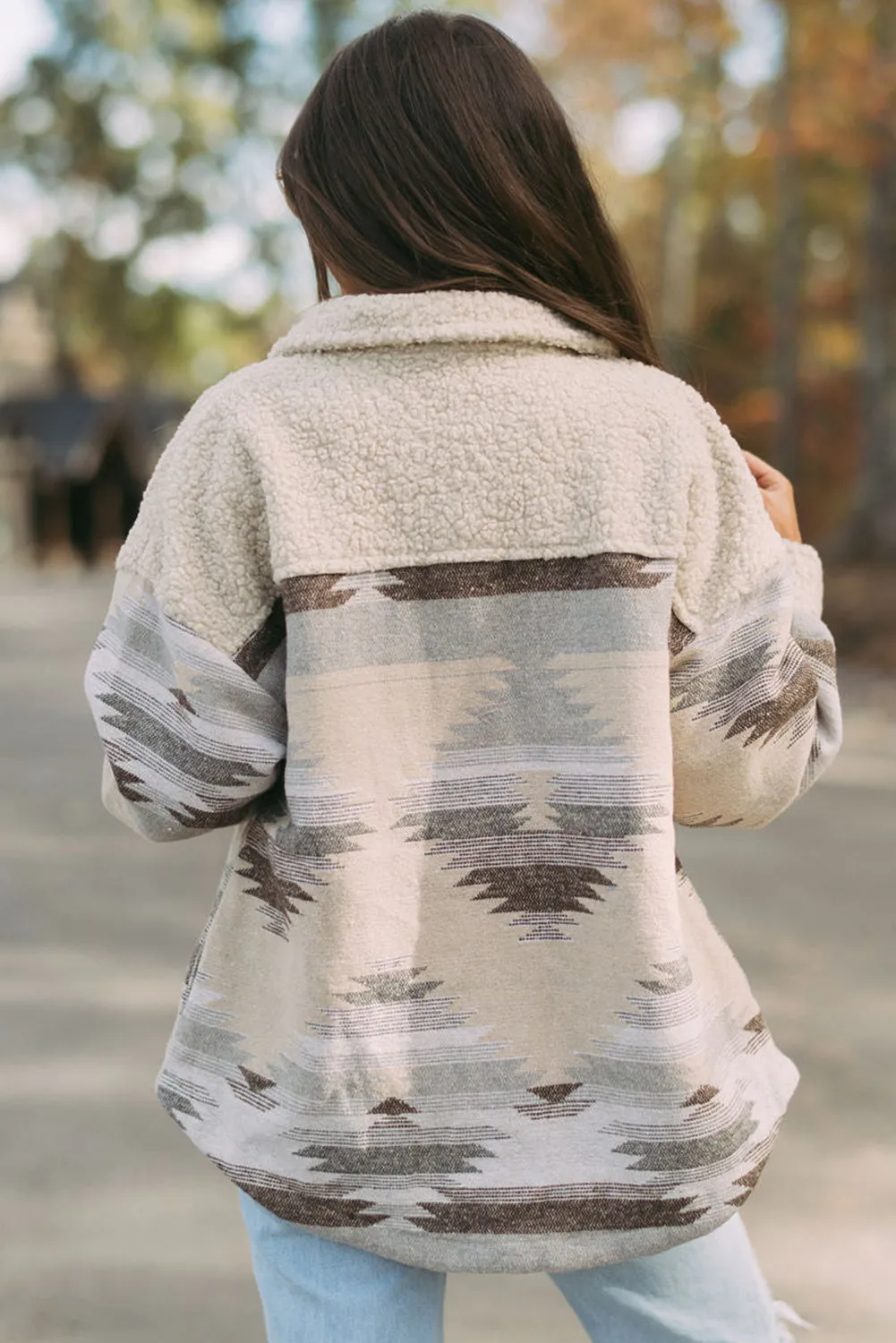 Khaki Western Aztec Print Sherpa Pocket Coat