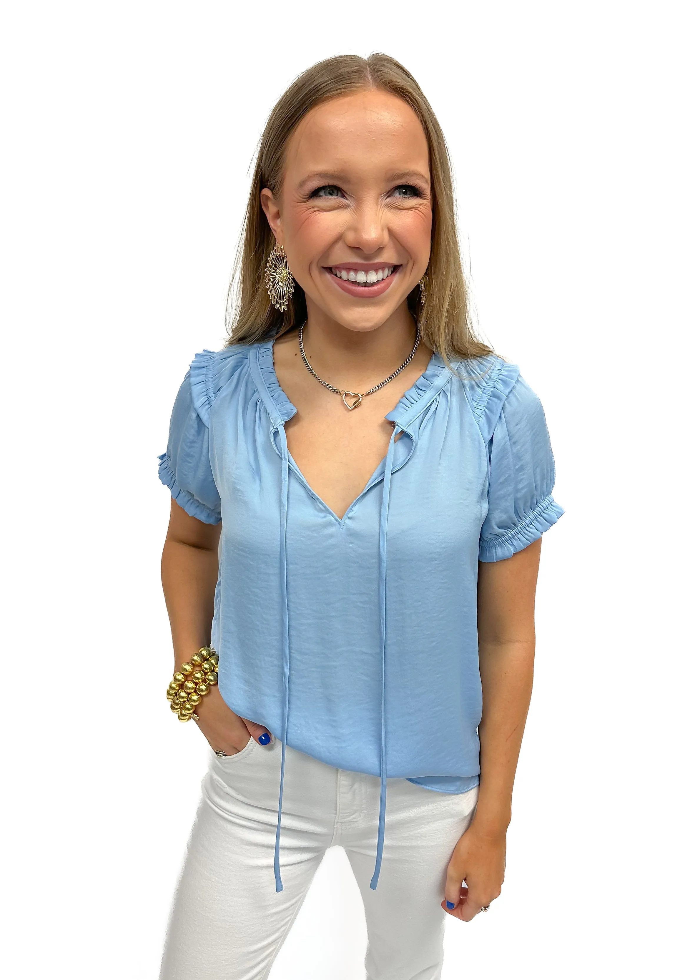 LBLOX Short Sleeve Tie Blouse - Sky Blue