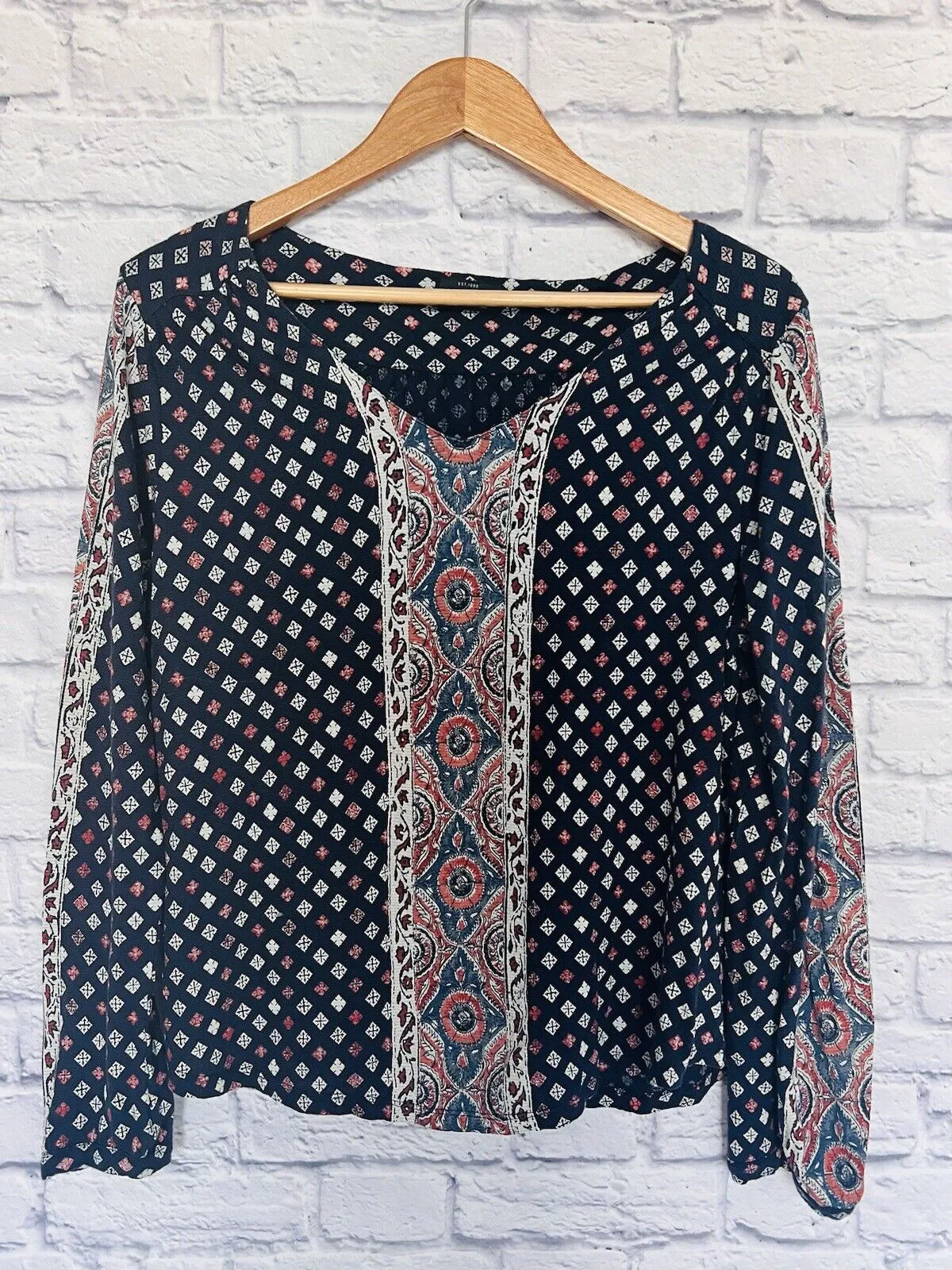 LUCKY BRAND Womens Argyle Long Sleeve Shirt Sz L Diamond Print Blouse Boho
