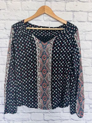LUCKY BRAND Womens Argyle Long Sleeve Shirt Sz L Diamond Print Blouse Boho