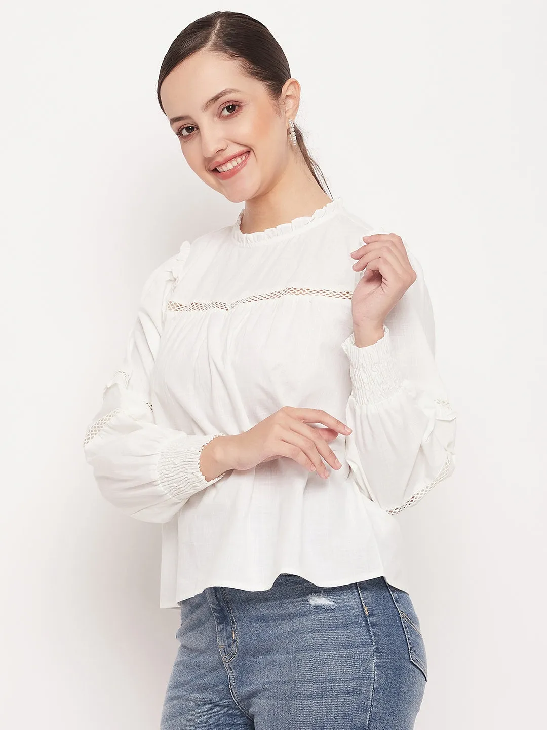 Madame Solid White Lace Cutwork Bishop Sleeves  Top