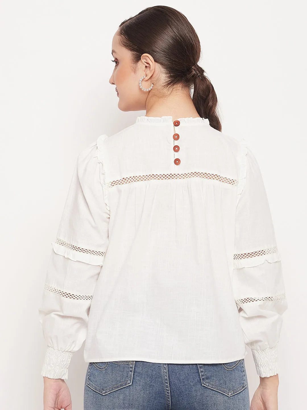 Madame Solid White Lace Cutwork Bishop Sleeves  Top