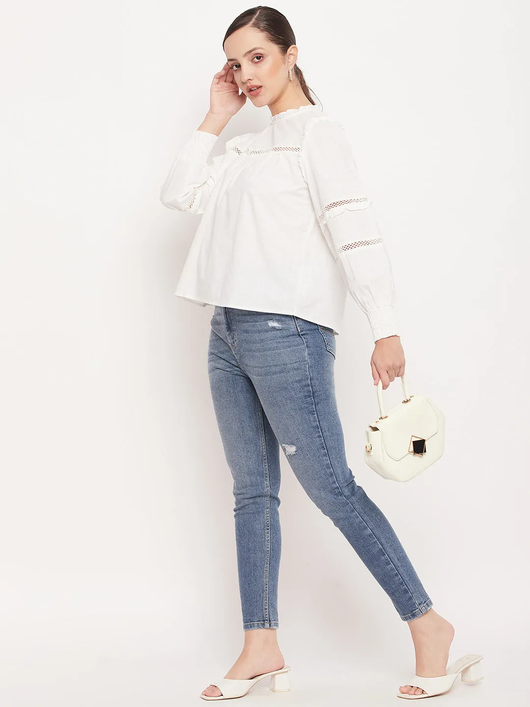 Madame Solid White Lace Cutwork Bishop Sleeves  Top