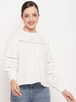 Madame Solid White Lace Cutwork Bishop Sleeves  Top