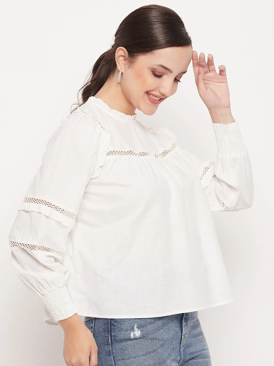 Madame Solid White Lace Cutwork Bishop Sleeves  Top