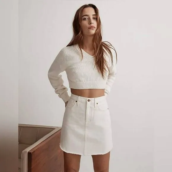 Madewell A-Line Skirt Women's Size 32 White 100%Cotton Denim Button Belt Loop