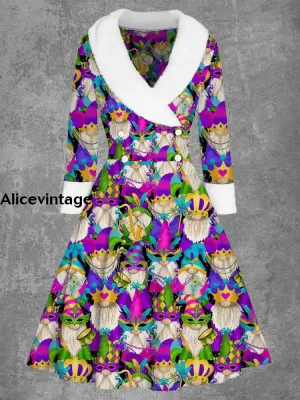 Mardi Gras Gnomes Art Print Vintage Elegant Fur Collar Button Long Sleeve Coat Dress