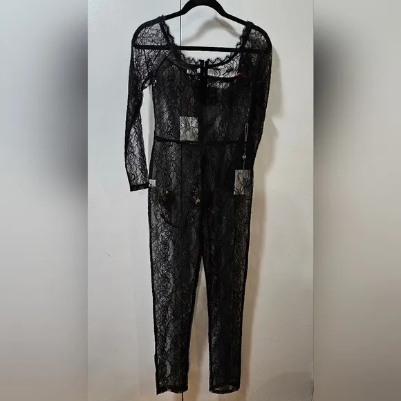 Miss Circle Sheer Lace Bodysuit Black Women's Size Medium 😍
