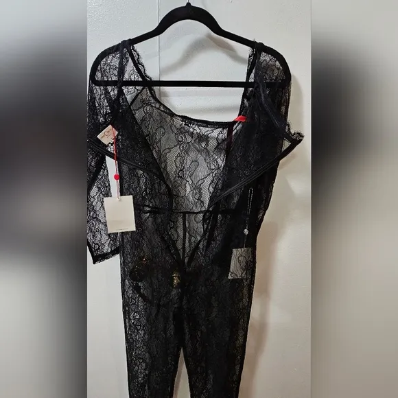 Miss Circle Sheer Lace Bodysuit Black Women's Size Medium 😍