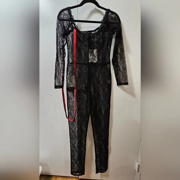 Miss Circle Sheer Lace Bodysuit Black Women's Size Medium 😍