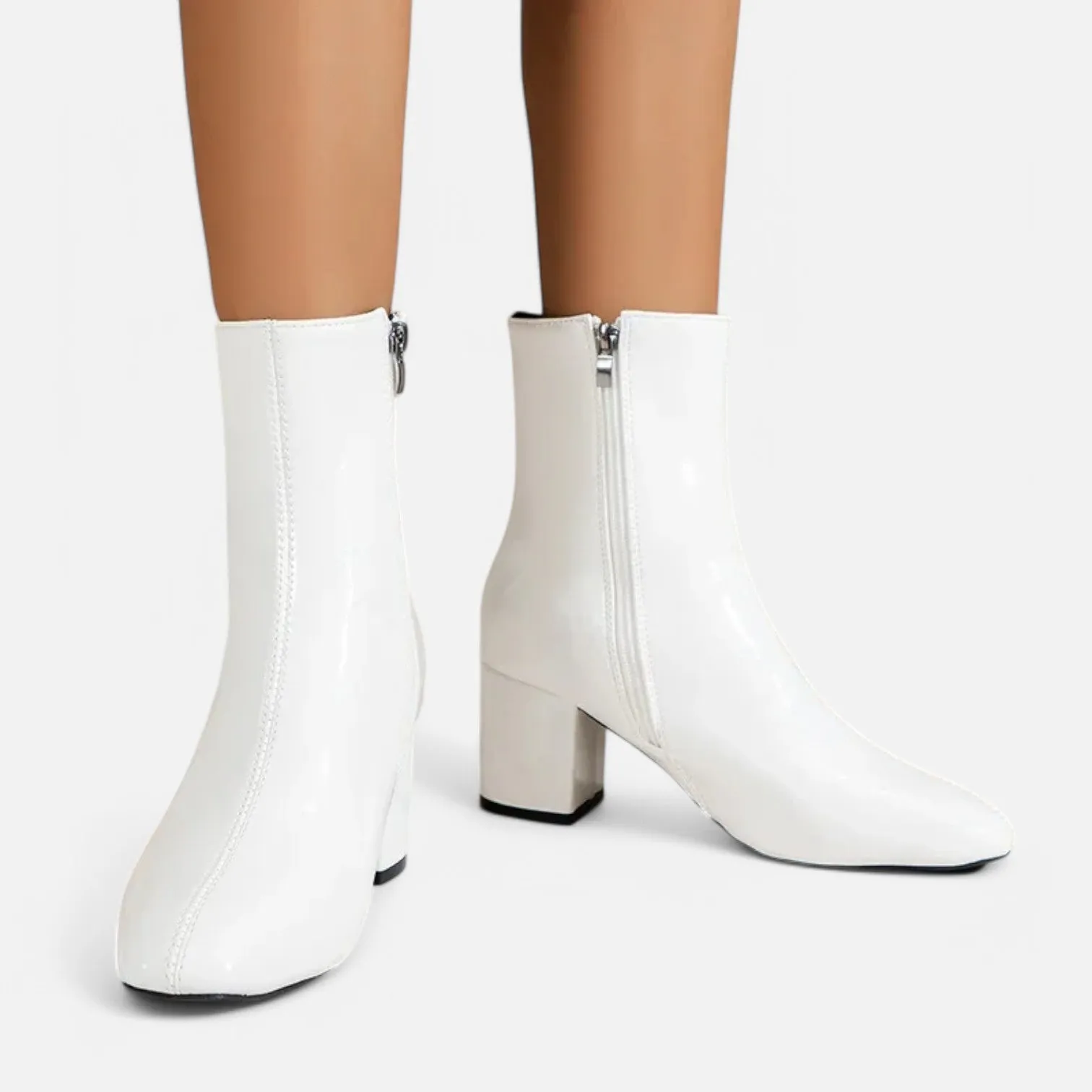 Monacogents | Women's White Ankle Boots with Side Zipper & Pointed Toe