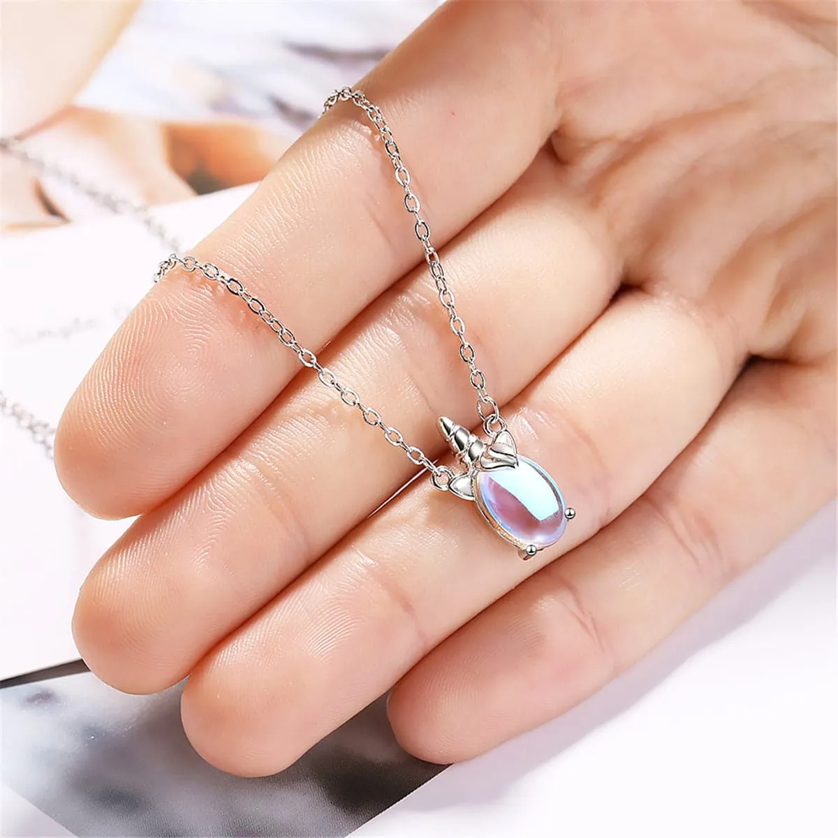 Moonstone & Enamel Silver-Plated Rainbow Unicorn Pendant Necklace