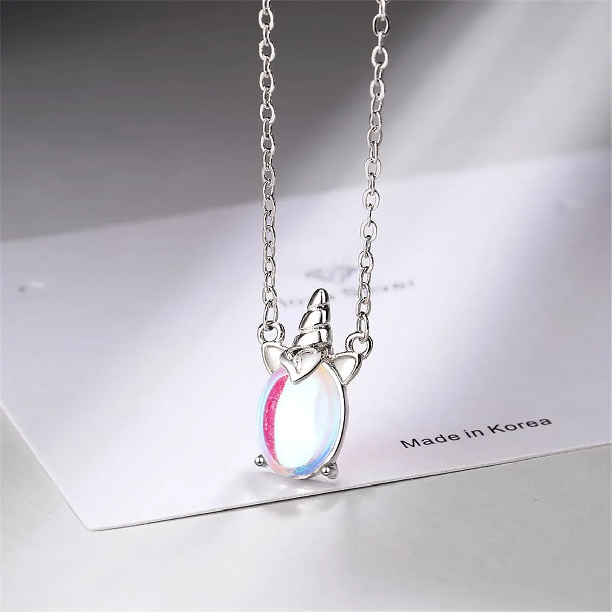 Moonstone & Enamel Silver-Plated Rainbow Unicorn Pendant Necklace