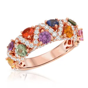 Multicolor Sapphire Dome Design Ring with Diamond Accents, 18k  Rose Gold