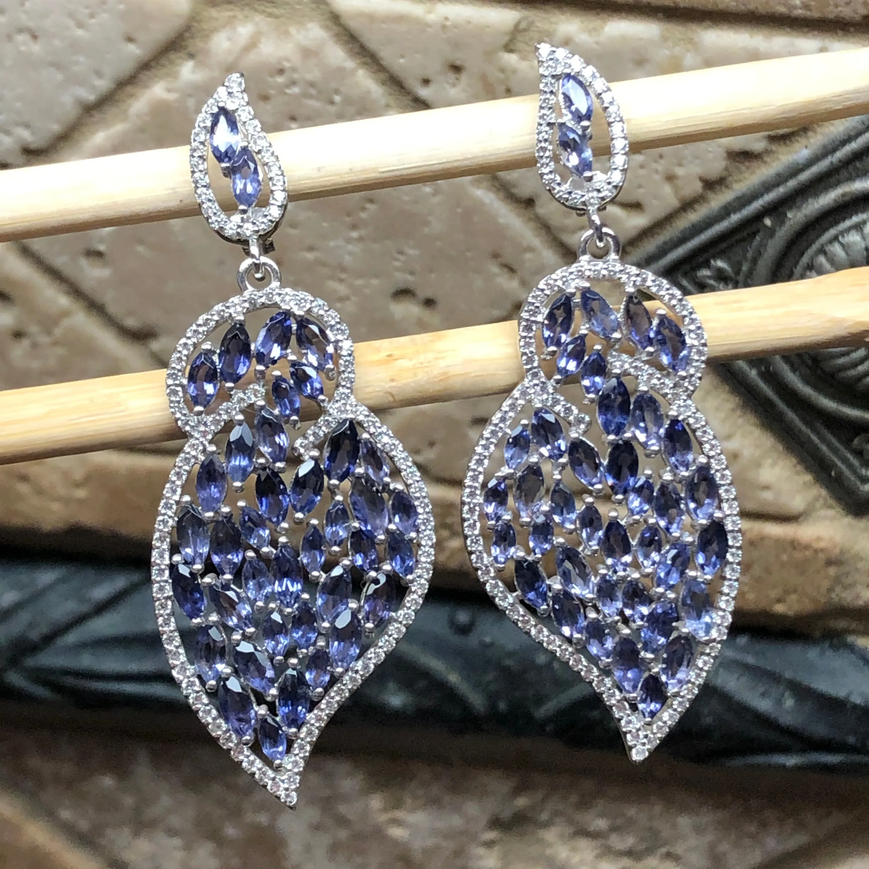 Natural 25ct Iolite 925 Solid Sterling Silver Earrings 60mm