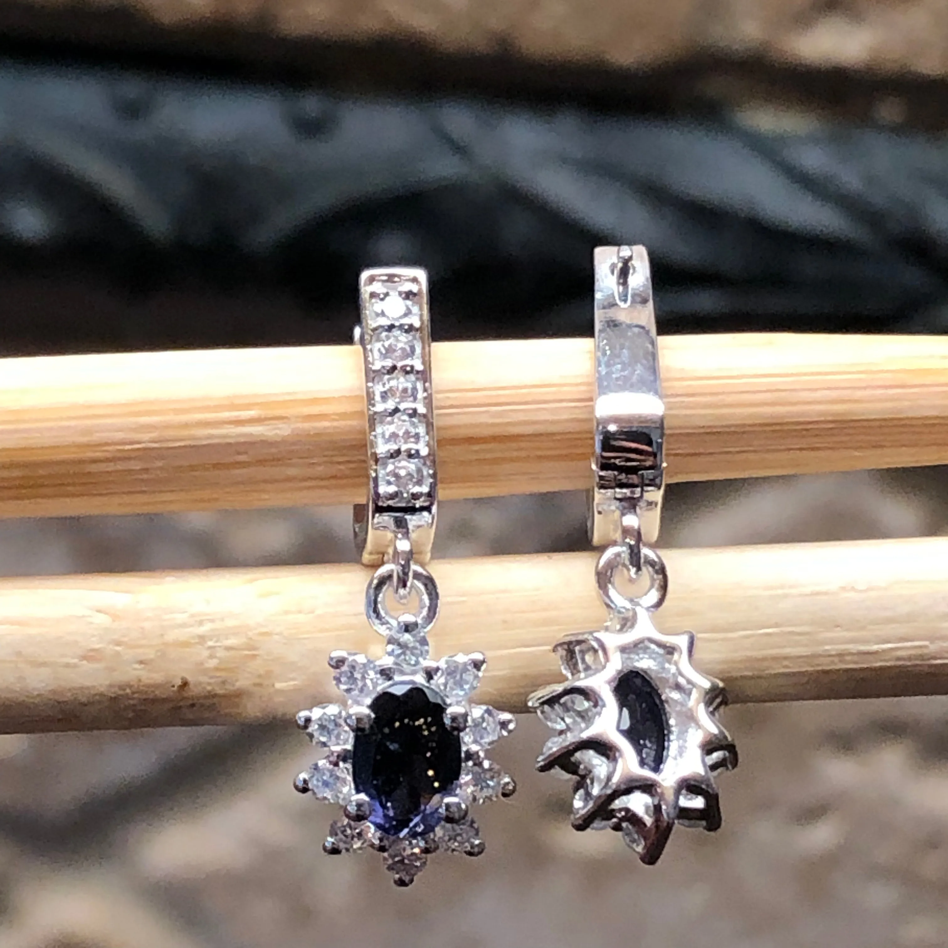 Natural 2ct Iolite 925 Solid Sterling Silver Earrings 25mm