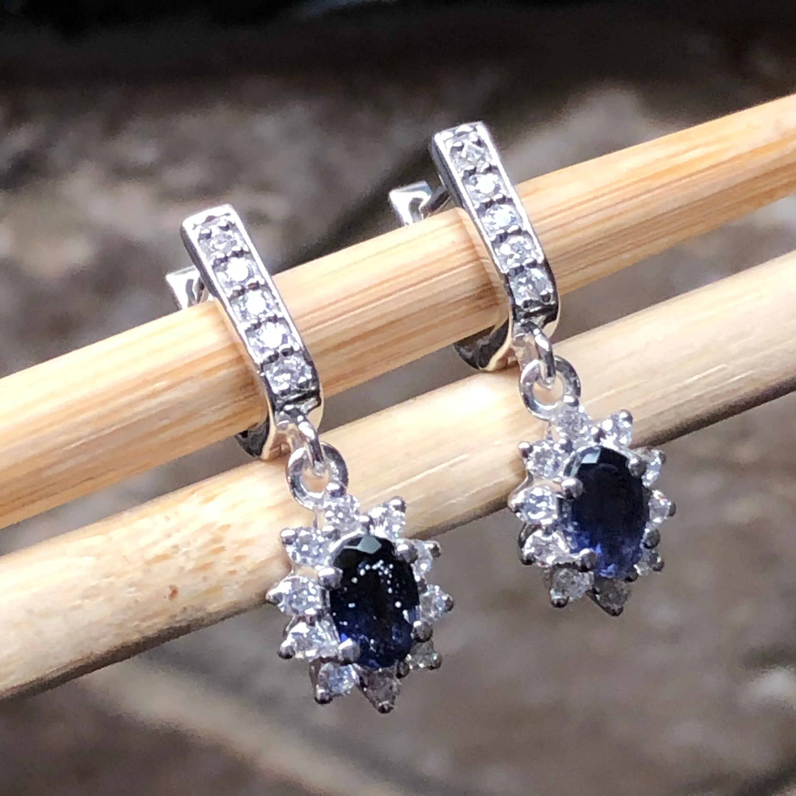 Natural 2ct Iolite 925 Solid Sterling Silver Earrings 25mm