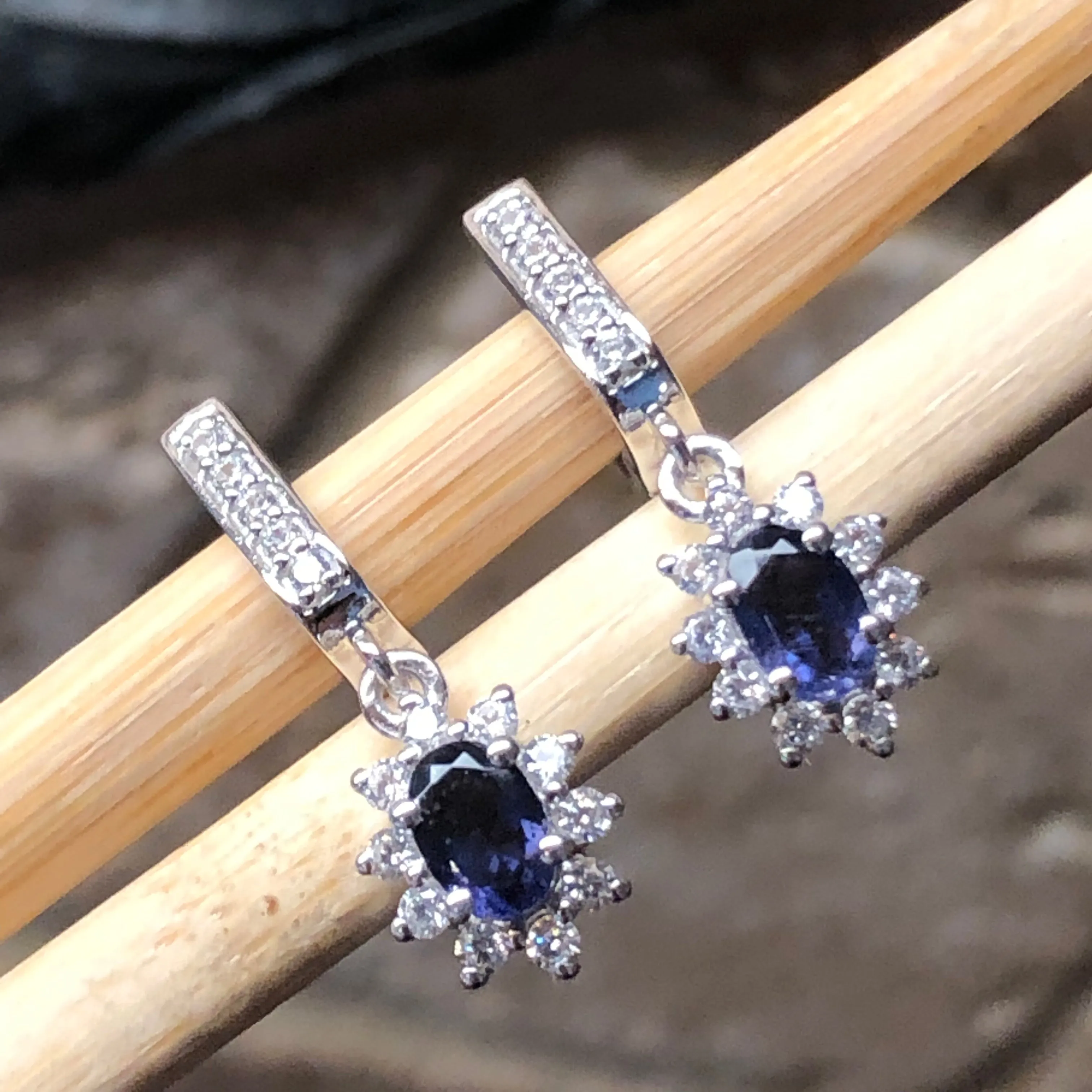Natural 2ct Iolite 925 Solid Sterling Silver Earrings 25mm