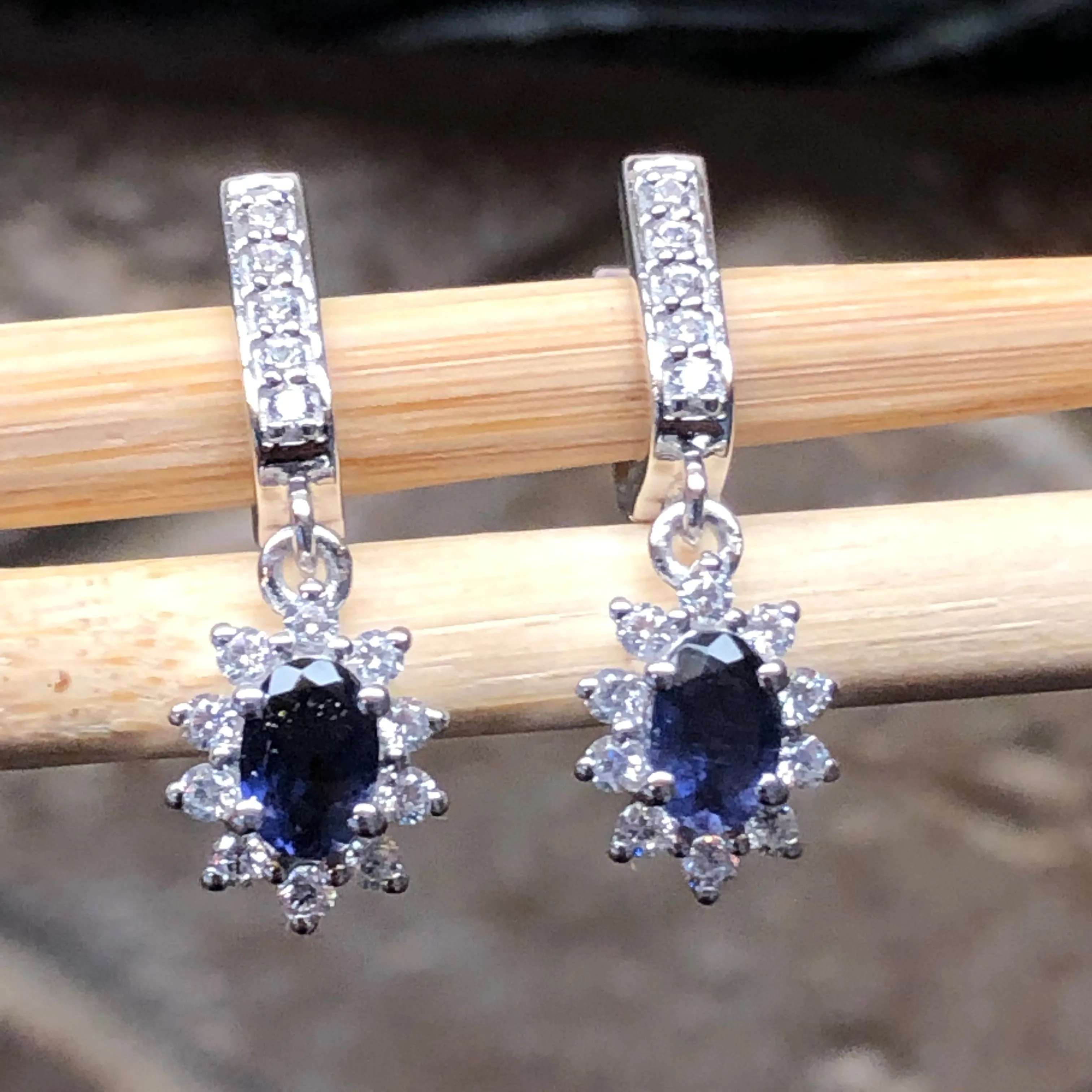 Natural 2ct Iolite 925 Solid Sterling Silver Earrings 25mm