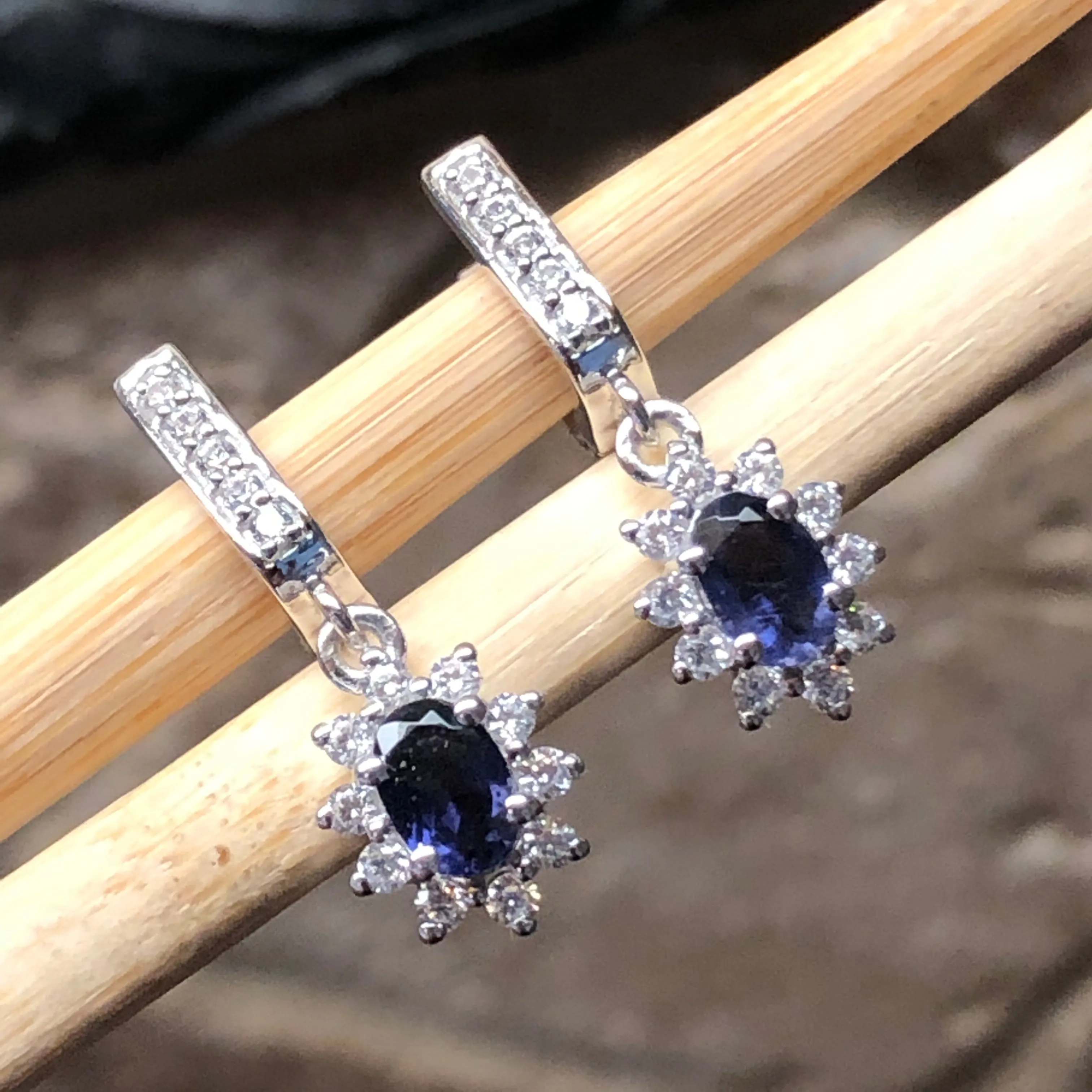 Natural 2ct Iolite 925 Solid Sterling Silver Earrings 25mm