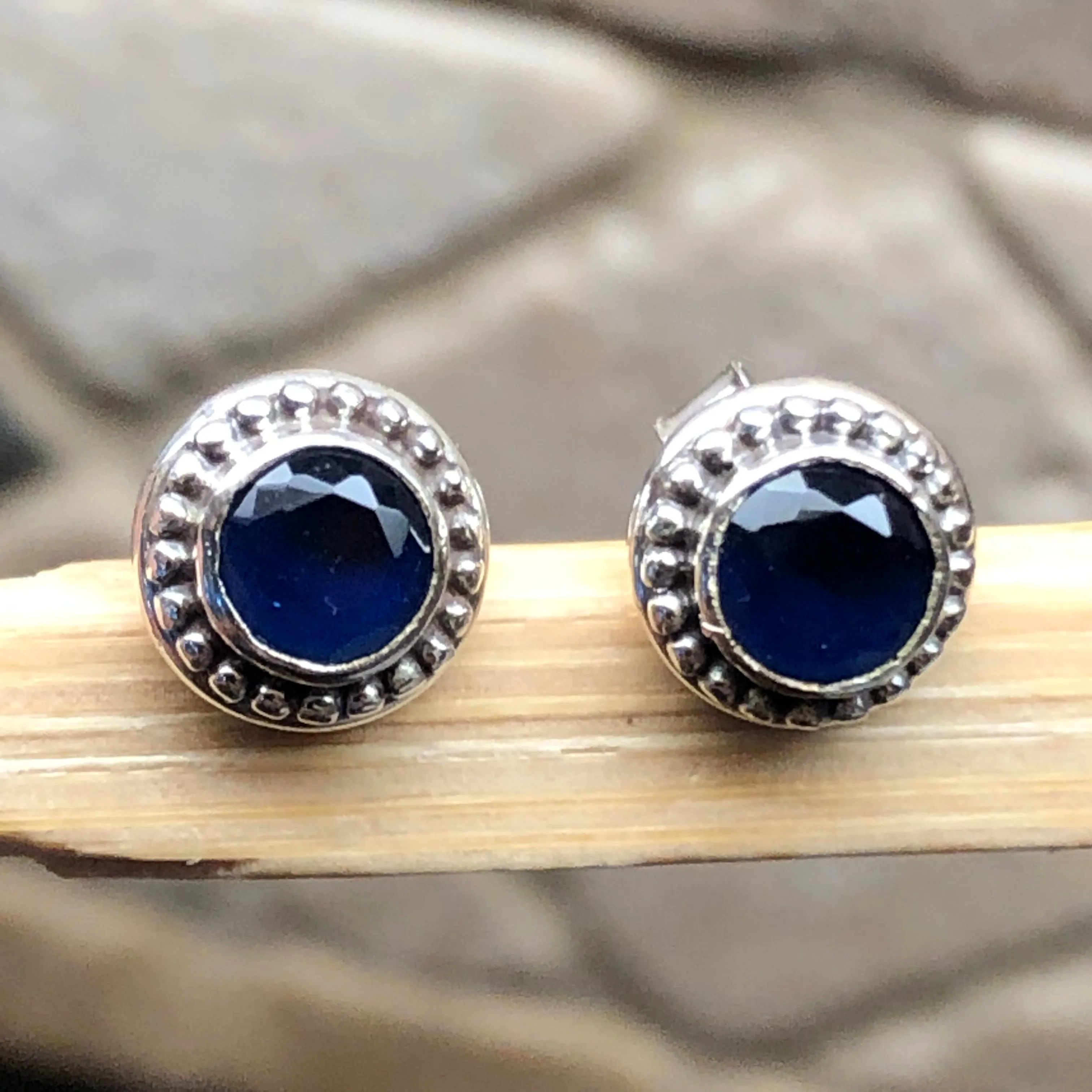 Natural 2ct Iolite 925 Solid Sterling Silver Earrings 7mm