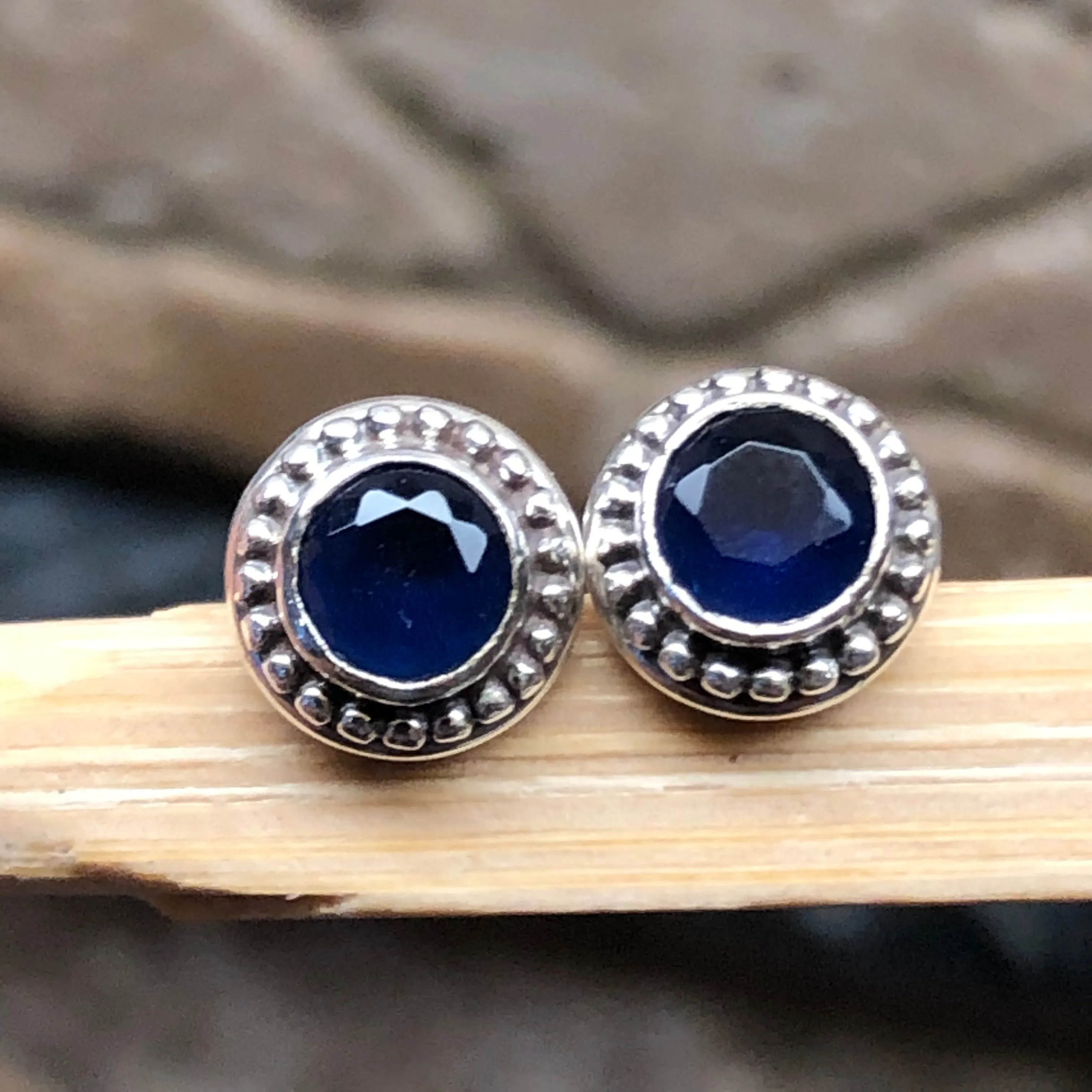 Natural 2ct Iolite 925 Solid Sterling Silver Earrings 7mm