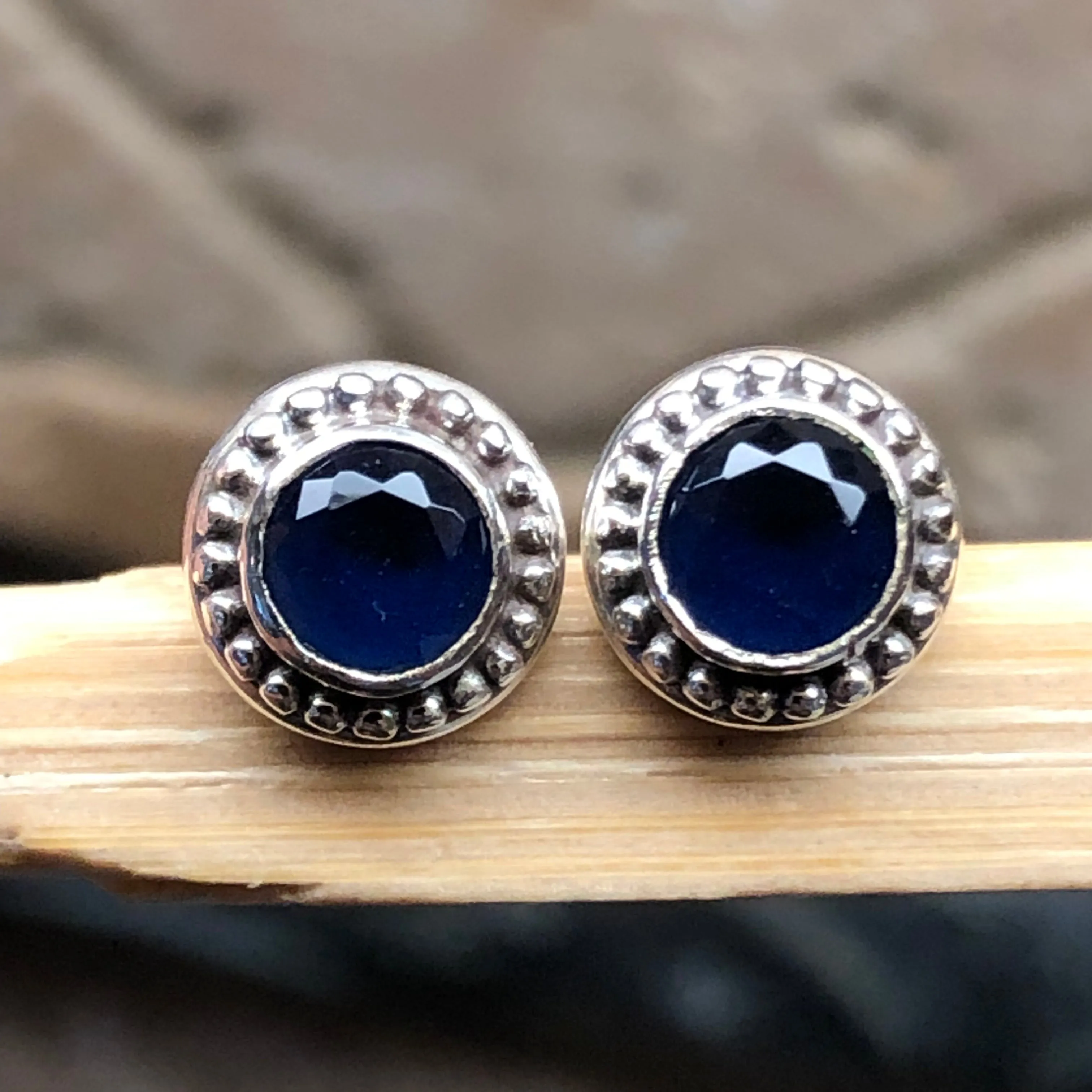 Natural 2ct Iolite 925 Solid Sterling Silver Earrings 7mm