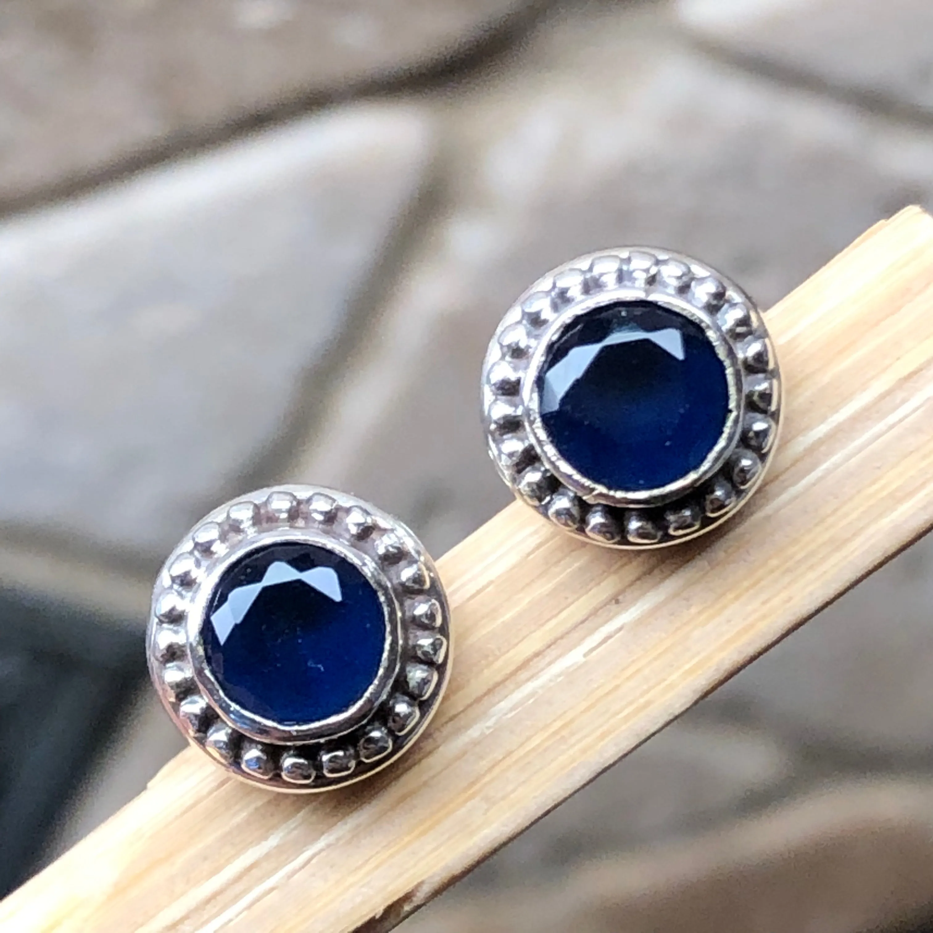 Natural 2ct Iolite 925 Solid Sterling Silver Earrings 7mm